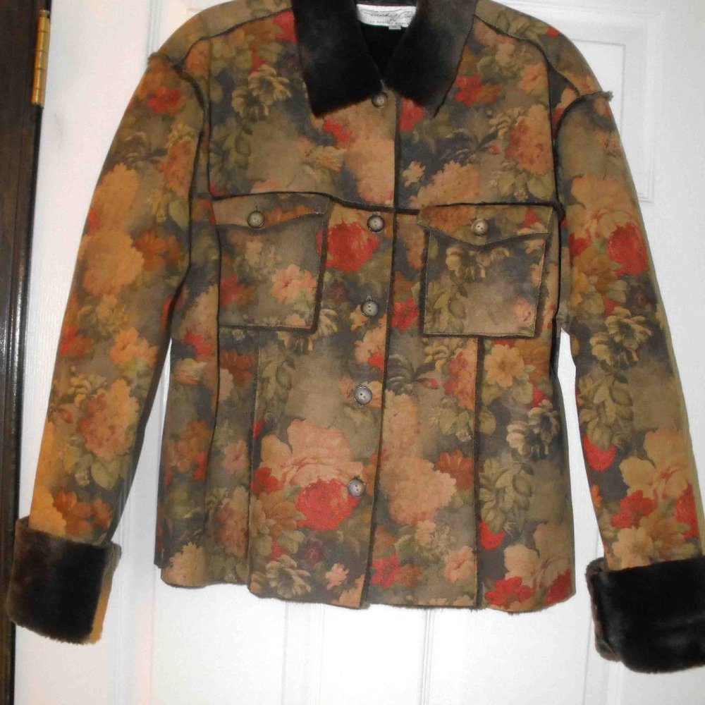 SUEDE JACKET, LADIES M, BROWN FAUX FUR TRIM, LINED